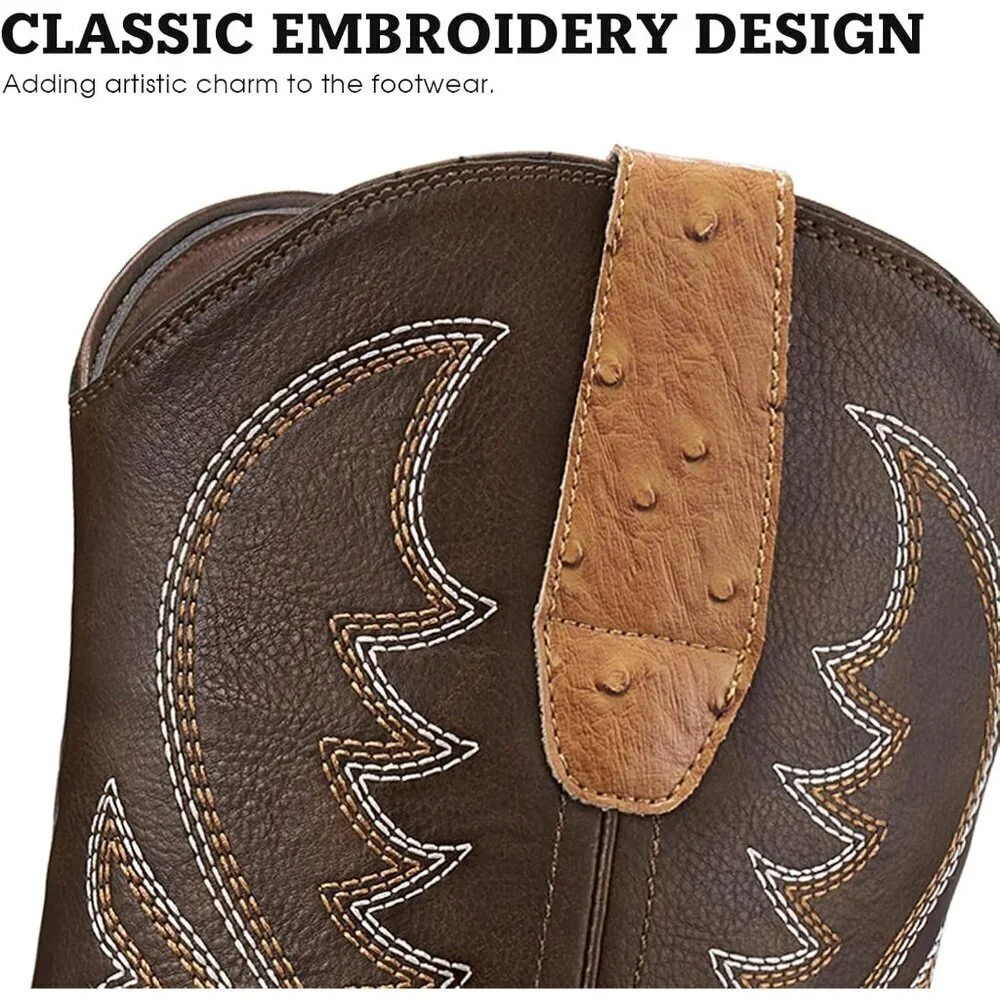 Men's Brown Square Toe Chunky Heel Mid-calf Classic Embroidered Pull On Boots
